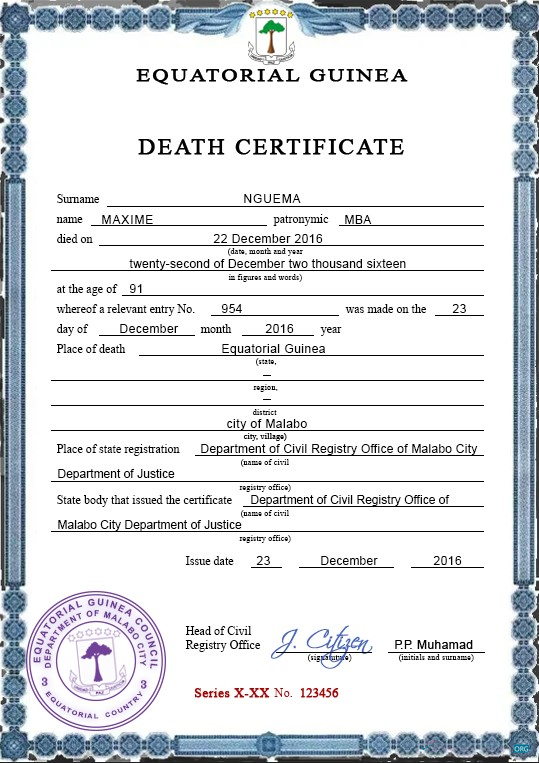 Download Equatorial Guinea Death Certificate psd Photoshop template